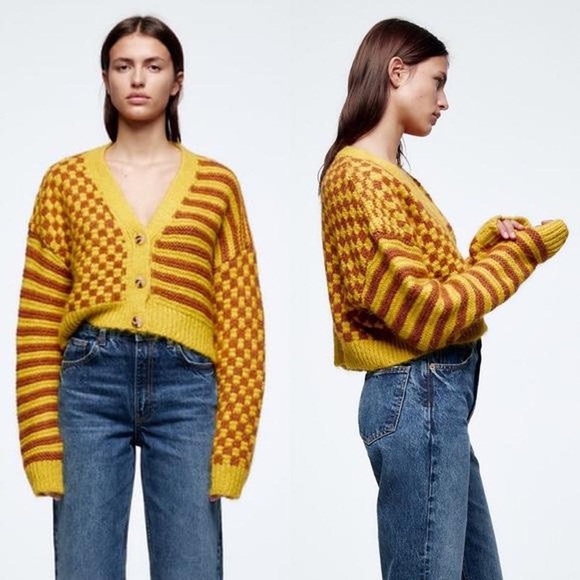 Zara Colourful Striped/Checkered Cropped Chunky Knit Cardigan - Picture 2 of 9